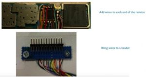 Bild mit eingelöteten Meßwiderständen und Kabeln zum Stecker für alle zu untersuchende Funktionsblöcke. (Foto: ARM)